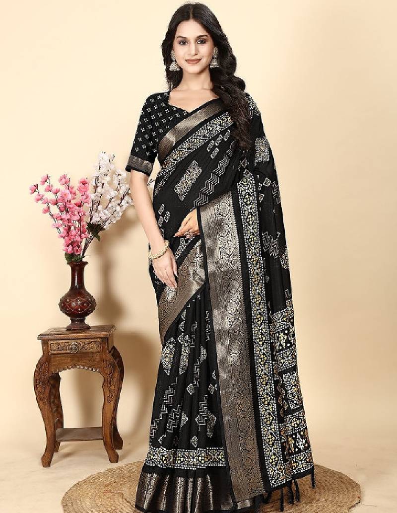 Floral printed cotton silk bandhani saree