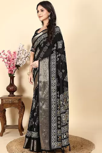 Floral printed cotton silk bandhani saree