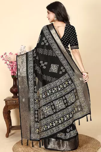 Floral printed cotton silk bandhani saree