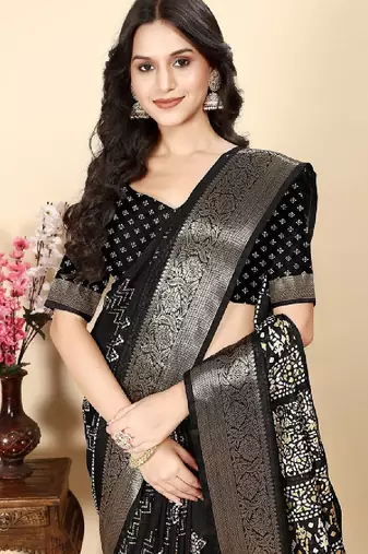 Floral printed cotton silk bandhani saree