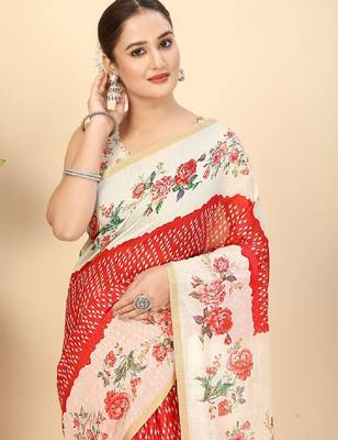 Floral printed zari bandhani saree 1