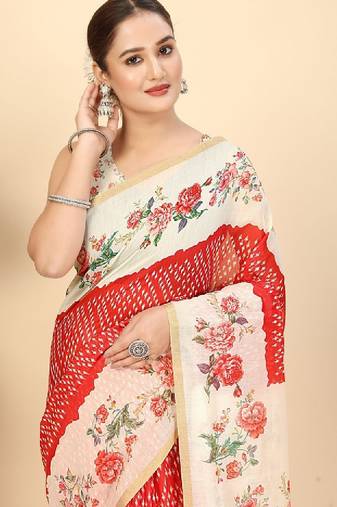 Floral printed zari bandhani saree