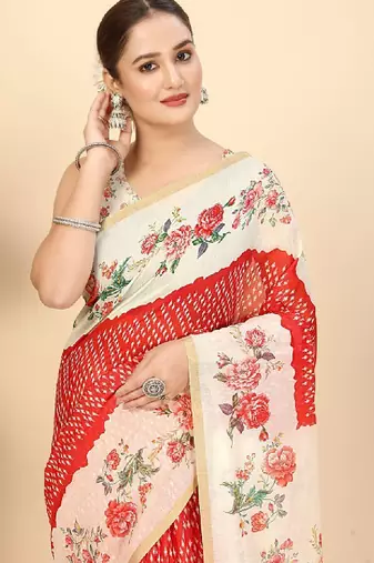 Floral printed zari bandhani saree