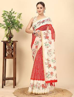 Floral printed zari bandhani saree 2