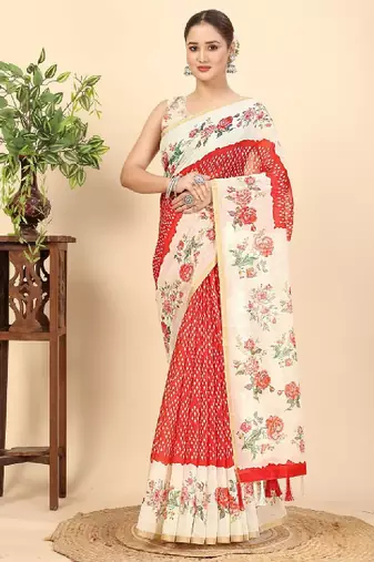 Floral printed zari bandhani saree