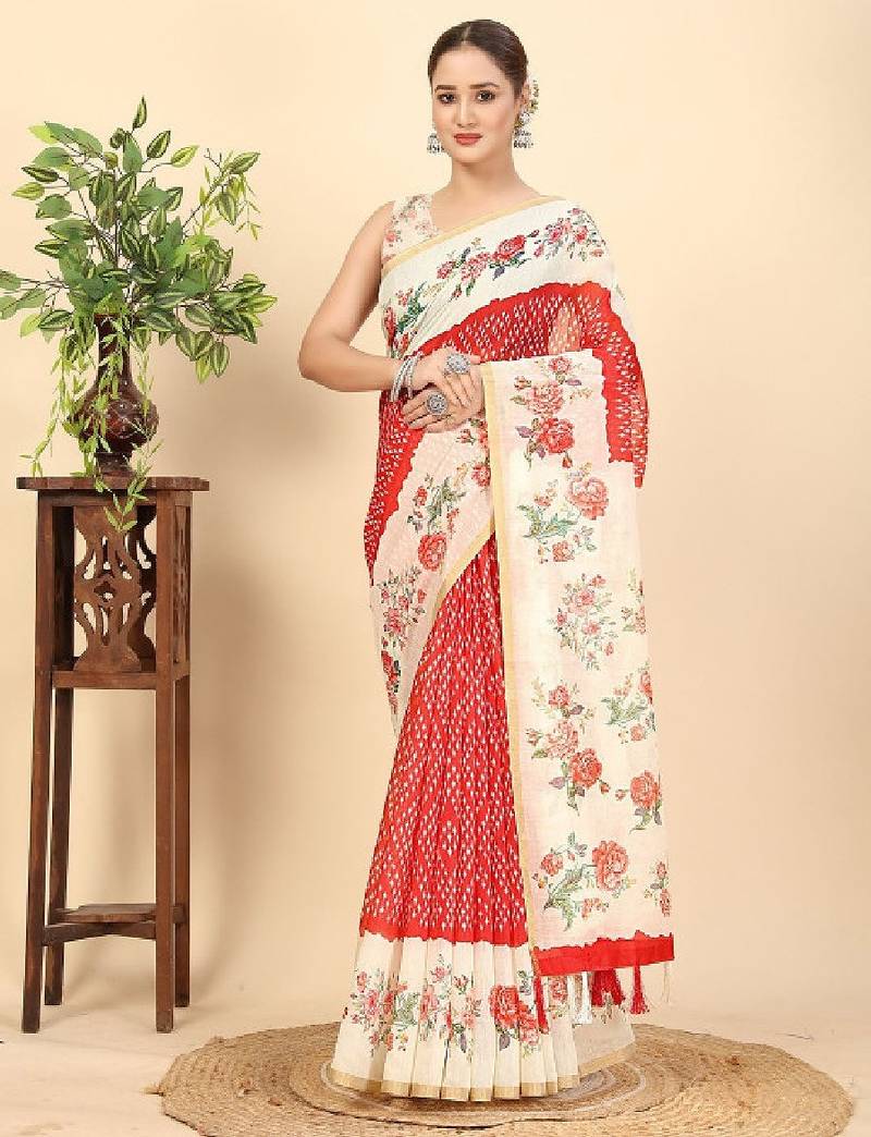 Floral printed zari bandhani saree