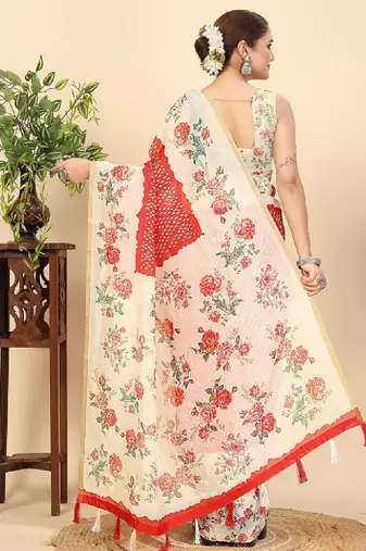 Floral printed zari bandhani saree