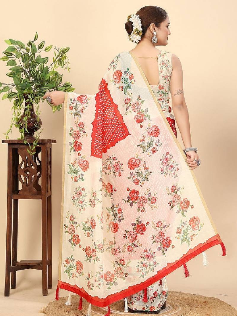 Floral printed zari bandhani saree