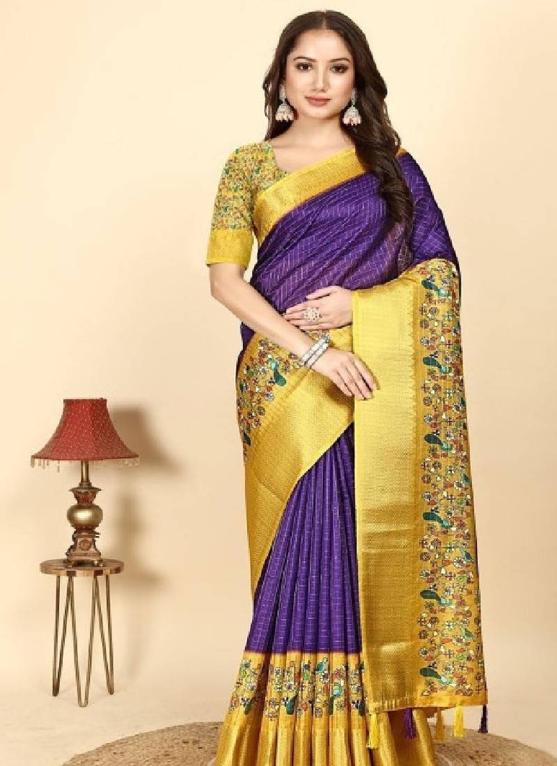 Checked printed bandhani saree