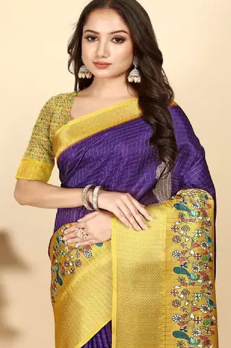 Checked printed bandhani saree