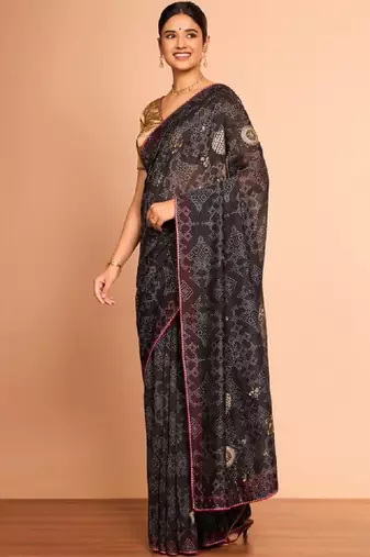 Women bandhani printed sequinned bandhani saree
