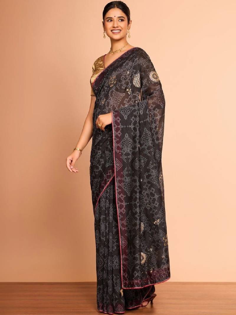 Women bandhani printed sequinned bandhani saree