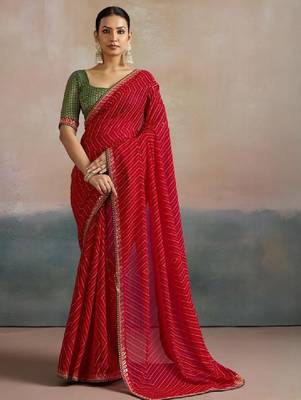 Striped sequinned pure georgette leheriya saree 1
