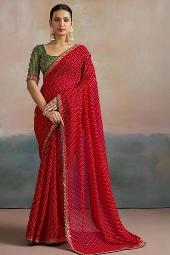 Striped sequinned pure georgette leheriya saree