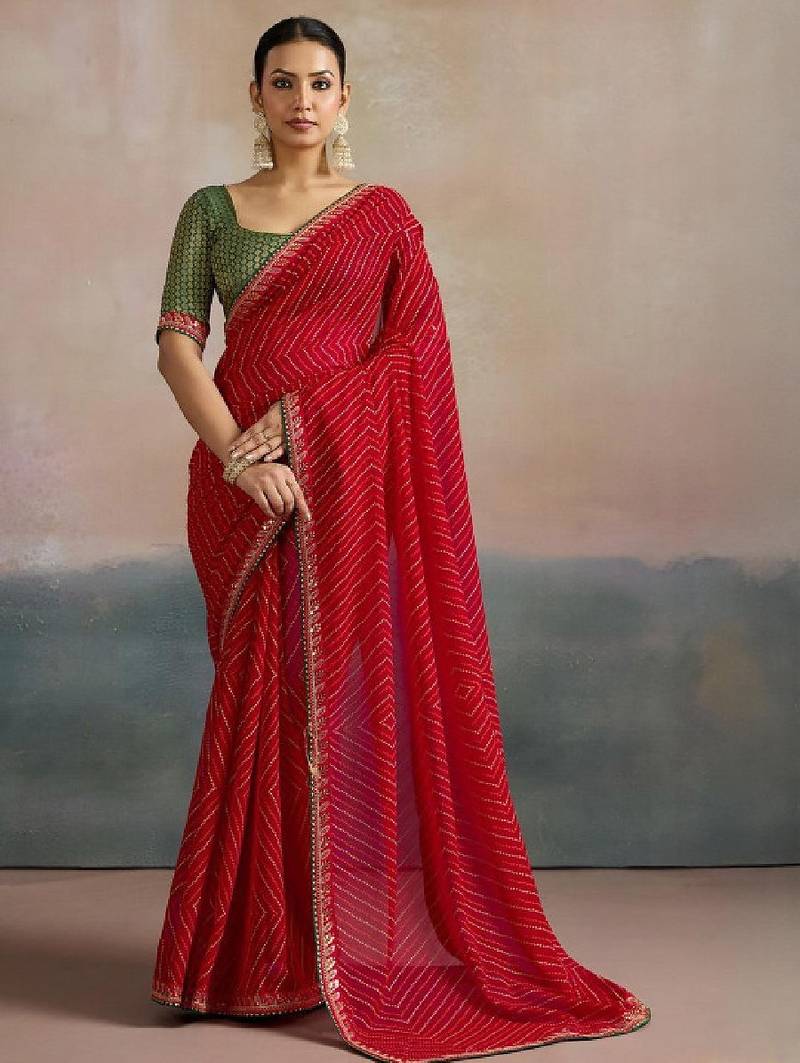 Striped sequinned pure georgette leheriya saree