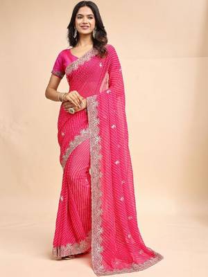 Woven design embroidered poly georgette heavy work leheriya saree 1