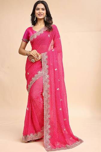 Woven design embroidered poly georgette heavy work leheriya saree