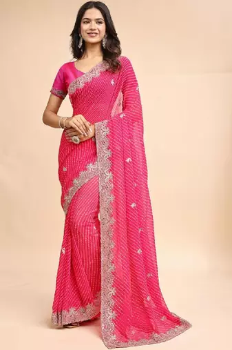 Woven design embroidered poly georgette heavy work leheriya saree