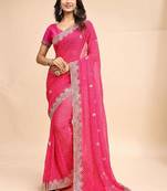 Woven design embroidered poly georgette heavy work leheriya saree