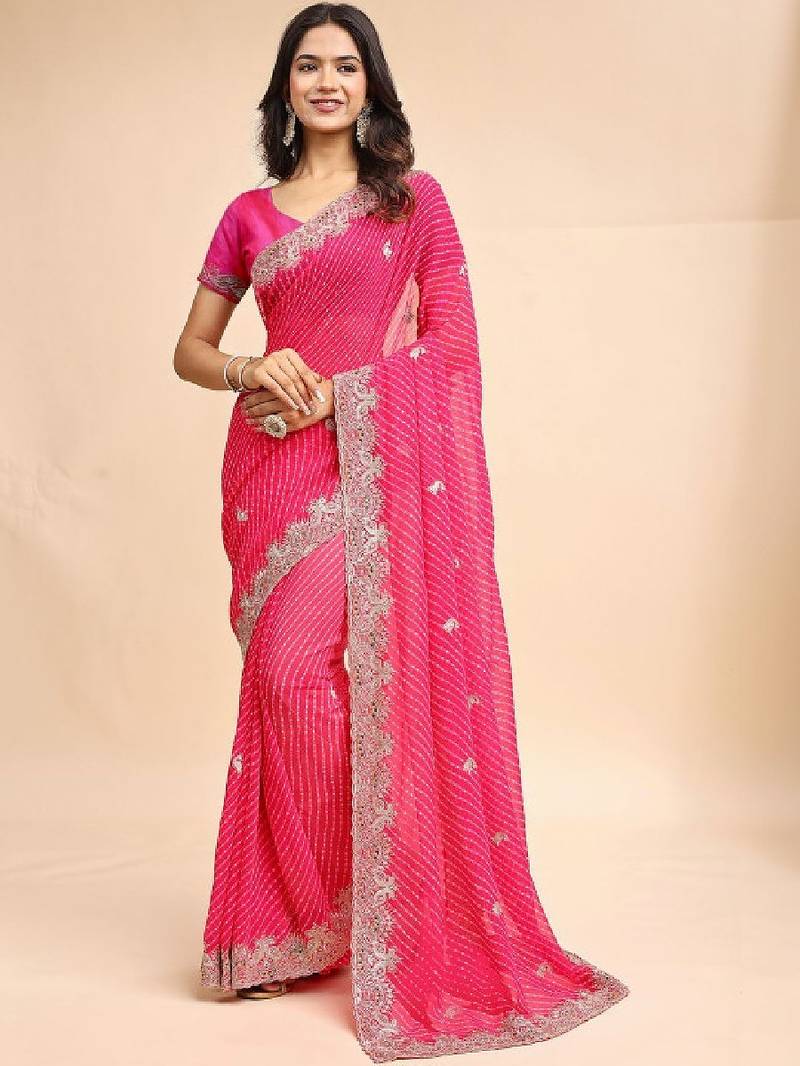 Woven design embroidered poly georgette heavy work leheriya saree