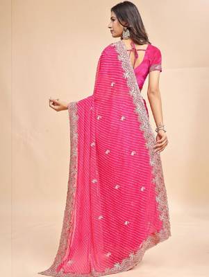 Woven design embroidered poly georgette heavy work leheriya saree 2