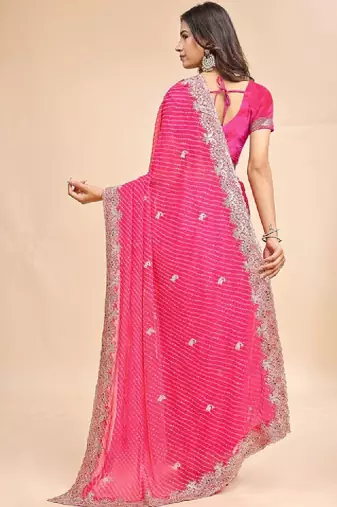 Woven design embroidered poly georgette heavy work leheriya saree