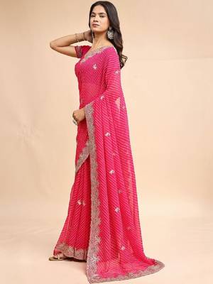 Woven design embroidered poly georgette heavy work leheriya saree 3