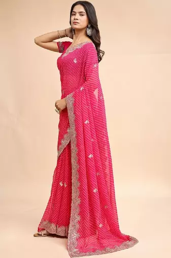 Woven design embroidered poly georgette heavy work leheriya saree