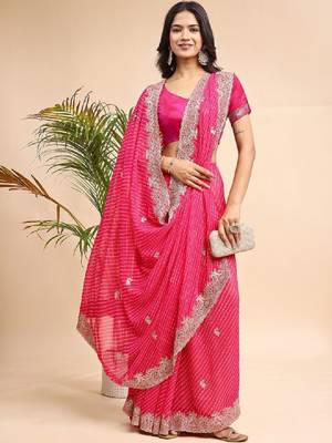 Woven design embroidered poly georgette heavy work leheriya saree 4