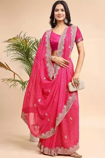 Woven design embroidered poly georgette heavy work leheriya saree