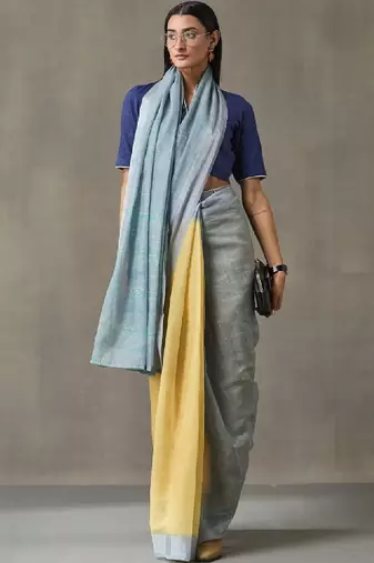 Linen blend formal ready to wear saree with unstitched blouse piece