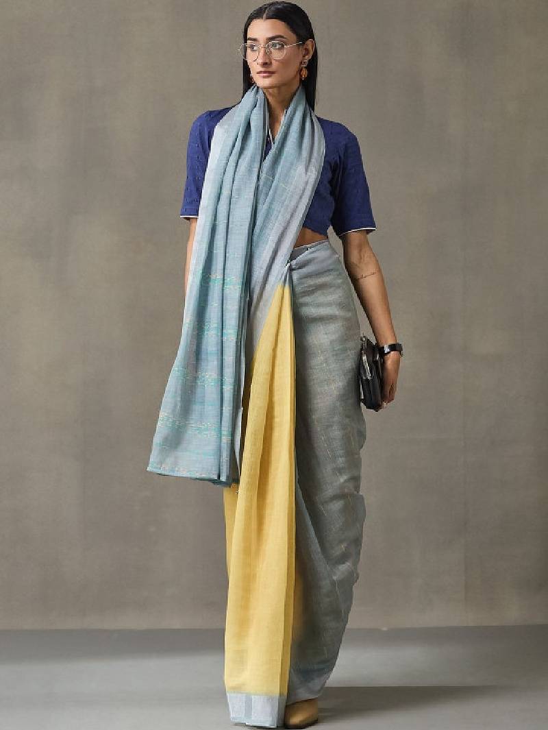 Linen blend formal ready to wear saree with unstitched blouse piece