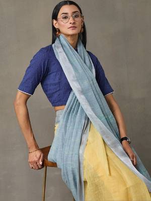 Linen blend formal ready to wear saree with unstitched blouse piece 3