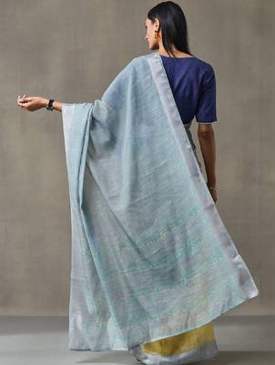 Linen blend formal ready to wear saree with unstitched blouse piece 4