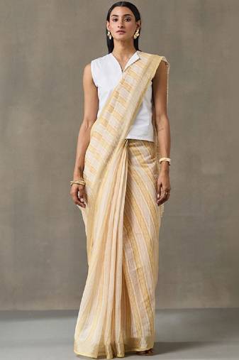 Striped linen blend ready to wear saree with blouse piece