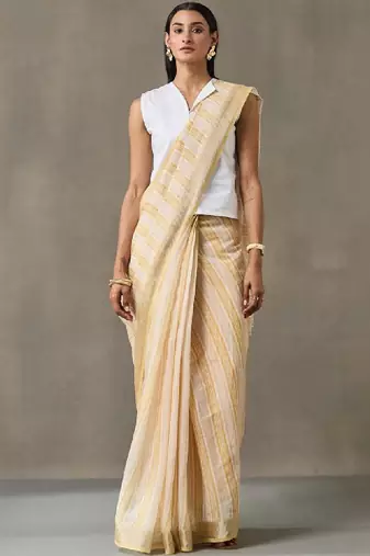 Striped linen blend ready to wear saree with blouse piece