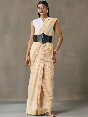 Striped linen blend ready to wear saree with blouse piece 2
