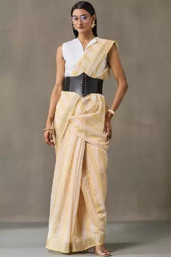 Striped linen blend ready to wear saree with blouse piece