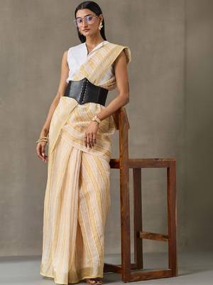 Striped linen blend ready to wear saree with blouse piece 3