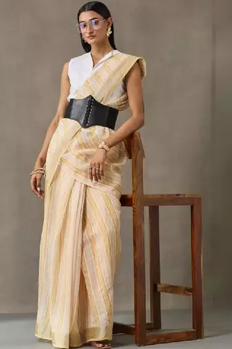 Striped linen blend ready to wear saree with blouse piece