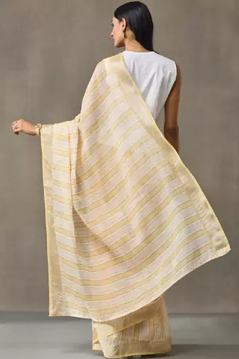 Striped linen blend ready to wear saree with blouse piece