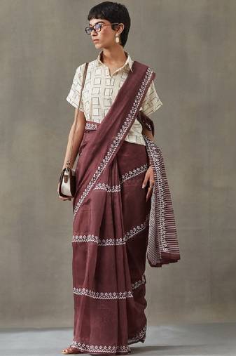 Ethnic motifs printed ready to wear saree with blouse piece