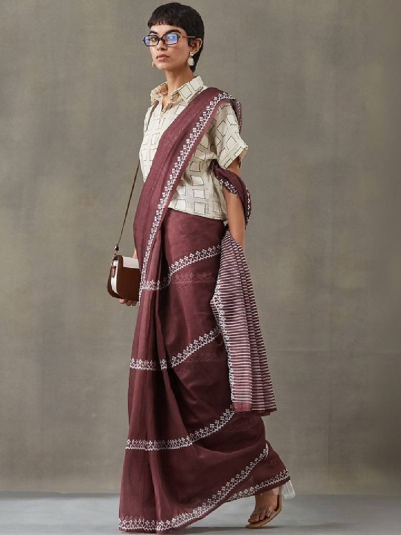 Ethnic motifs printed ready to wear saree with blouse piece