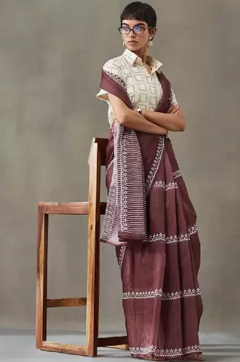 Ethnic motifs printed ready to wear saree with blouse piece