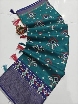 Blue printed hand batik cotton silk saree 1
