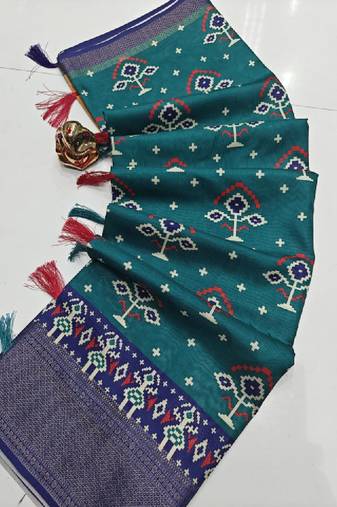 Blue printed hand batik cotton silk saree