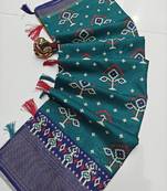 Blue printed hand batik cotton silk saree