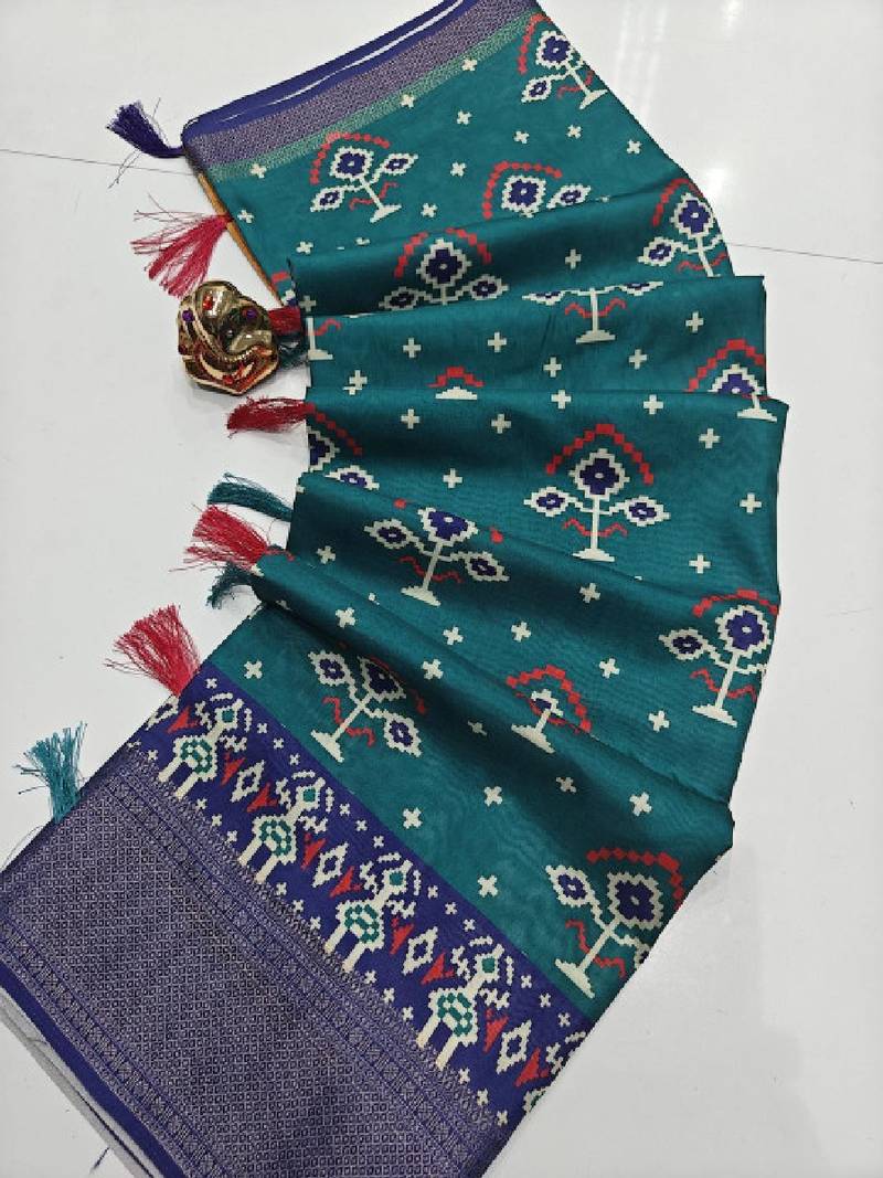 Blue printed hand batik cotton silk saree