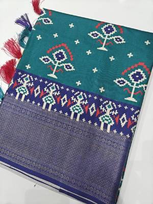 Blue printed hand batik cotton silk saree 2