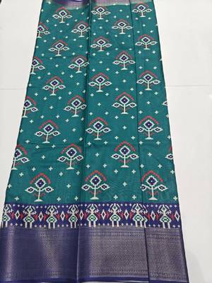Blue printed hand batik cotton silk saree 4
